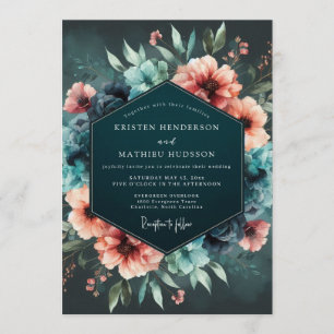 Teal Coral Nocturnal Bloom Wedding Invitation