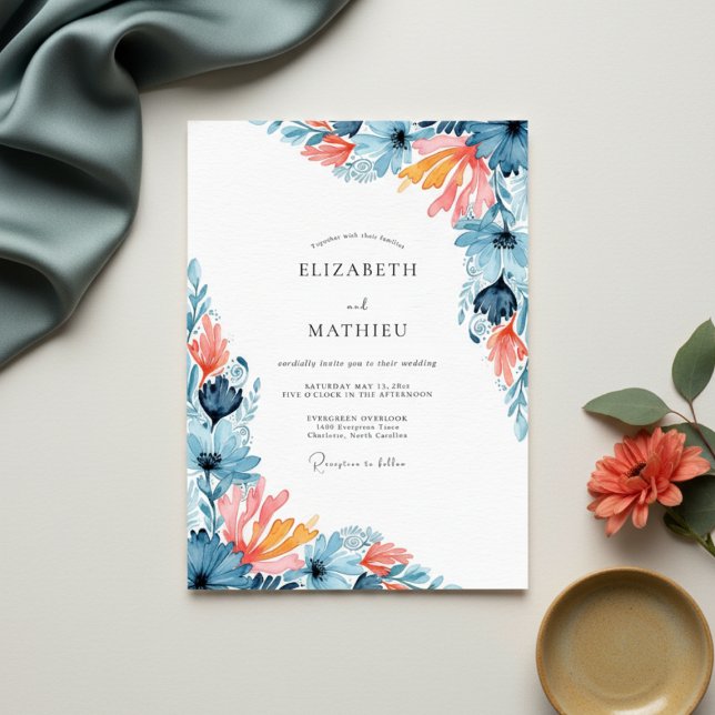 Teal Coral Painterly Bloom Wedding Invitation (Creator Uploaded)