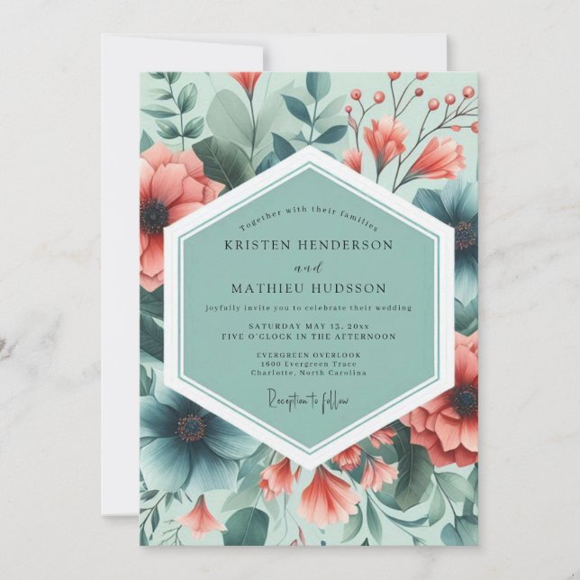 Teal Coral Painterly Flora Wedding Invitation (Front)