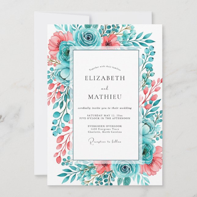 Teal Coral Painterly Romance Wedding Invitation (Front)