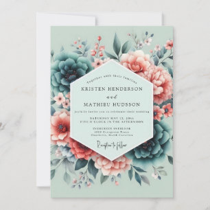 Teal Coral Painterly Wedding Invitation