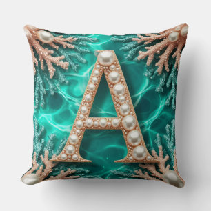 🌊Teal Coral Pearl Monogram Letter A Gift 🌊 Cushion
