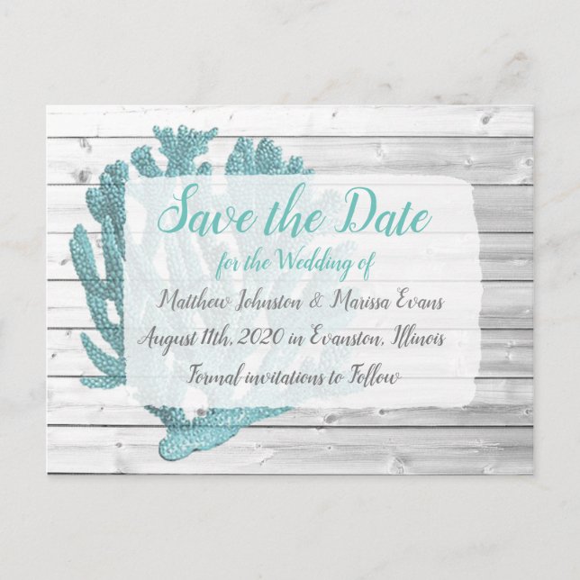 Teal Coral Personalized Save the Date Postcard (Front)
