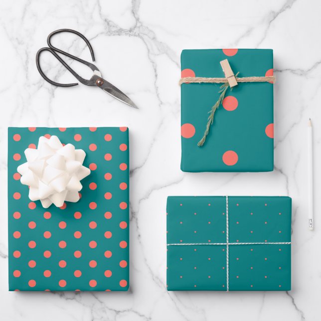 Teal Coral Polka Dot Gift Wrapping Paper (Front)