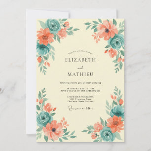 Teal Coral Ranunculus Dusty Eucalyptus Wedding Invitation