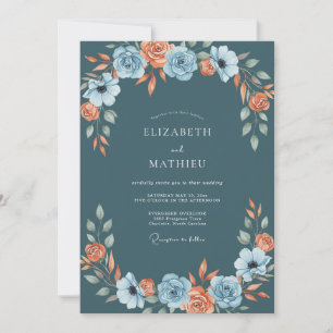 Teal Coral Ranunculus Eucalyptus Wedding Invitation
