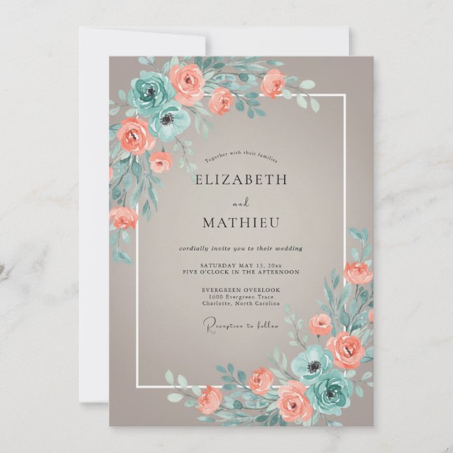 Teal Coral Romantic Blossom Wedding Invitation (Front)
