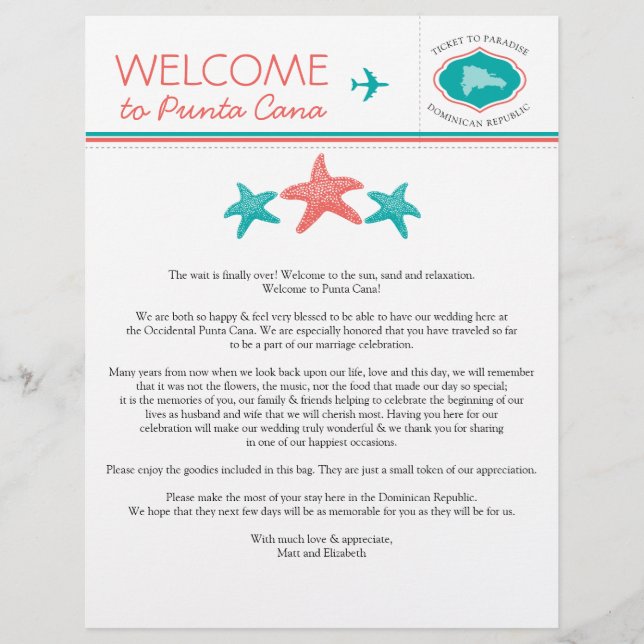 Teal Coral Starfish Dominican Republic Welcome (Front)