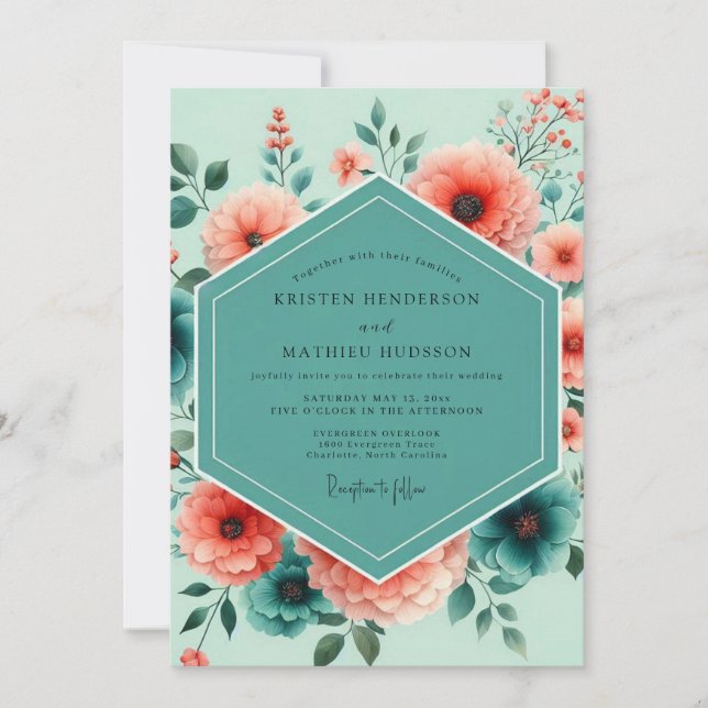 Teal Coral Vibrant Bloom Wedding Invitation (Front)