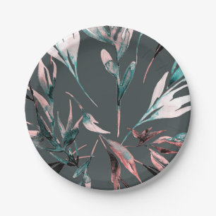 Teal Coral Watercolor Botanical Glam Wedding Party Paper Plate