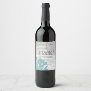 Teal Coral White Washed Wood Beach Wedding Custom Wine Label