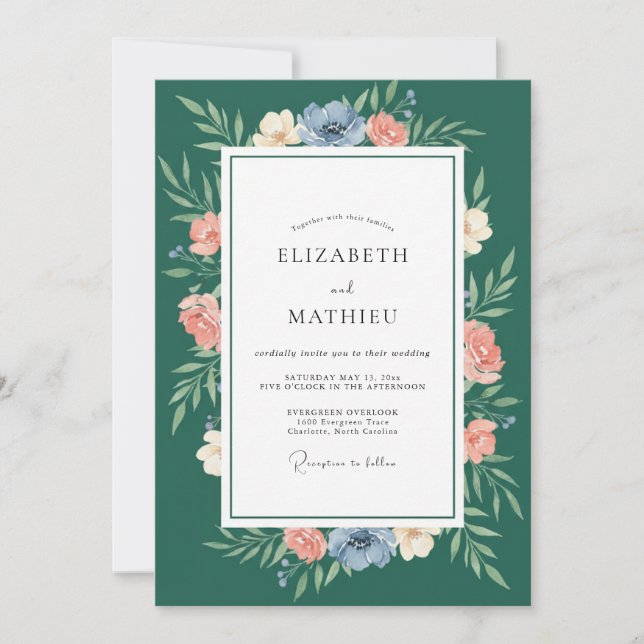 Teal Coral Wreath Wedding Invitation (Front)