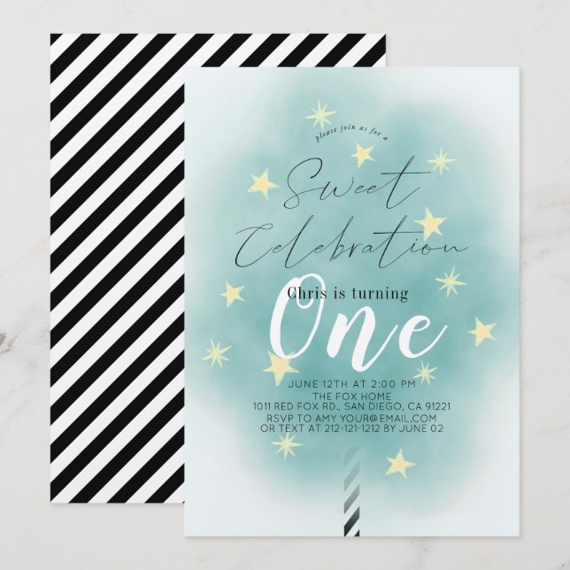 Teal Cotton Candy Sweet Boy 1st Birthday Invitation (Front/Back)