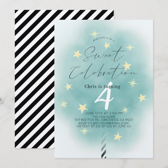 Teal Cotton Candy Sweet Boy Birthday Invitation (Front/Back)