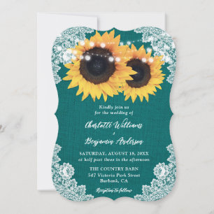 Teal Country Burlap Floral Lace Sunflower Wedding Invitation