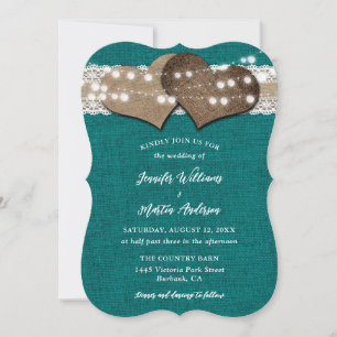 Teal Country Burlap Lace String Lights Wedding Invitation