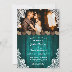 Teal Country Wood Burlap Floral Lace Photo Wedding Invitation