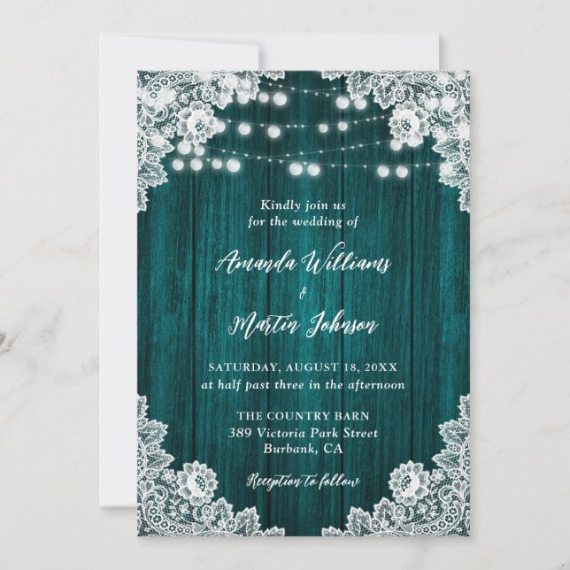 Teal Country Wood Floral Lace Lights Wedding Invitation (Front)