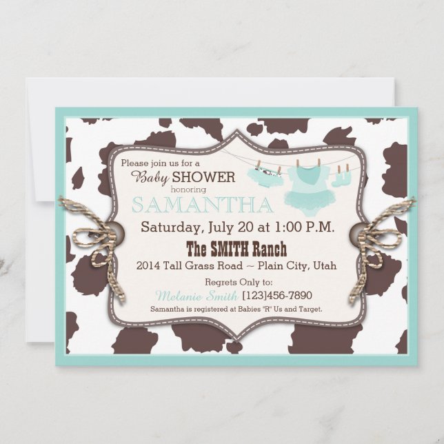 Teal Cowgirl Baby Shower Tutu Invitation (Front)