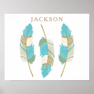 Teal, Cream and Green Feathers with DIY Name Poster