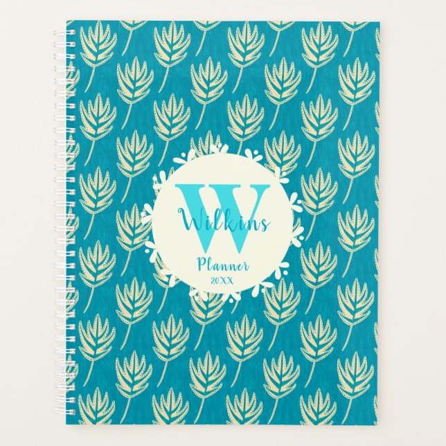 Teal Cream Palm Leaf Botanical Art Decor Planner (Front)