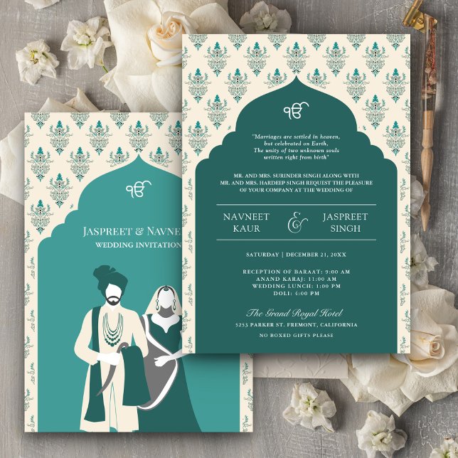 Teal Cream Punjabi Anand Karaj Sikh Wedding Invitation (Creator Uploaded)