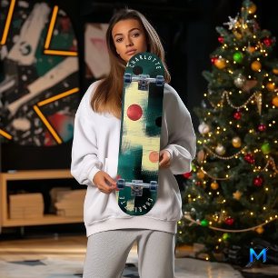 Teal, Cream, Red Abstract Geometric Skateboard