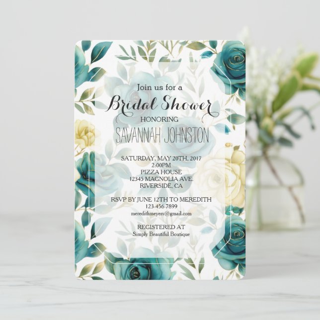 Teal Cream Rose Floral Bridal Shower Invitation (Standing Front)