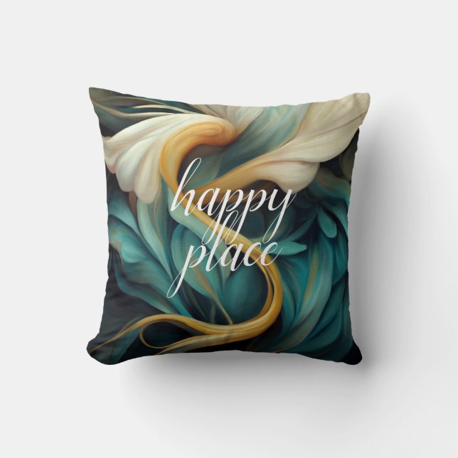 Teal & Cream Swirls Abstract, HAPPY PLACE Cushion (Front)