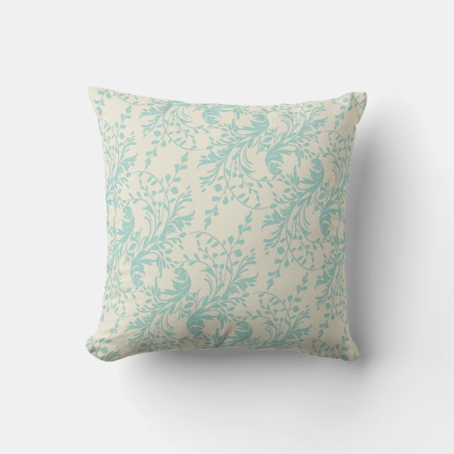 Teal cream wildflowers swirl damask pattern pillow (Front)