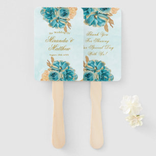 Teal Creamy Gold Florals Wedding Thank You  Hand Fan