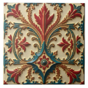 Teal, Crimson and Gold Floral Tile