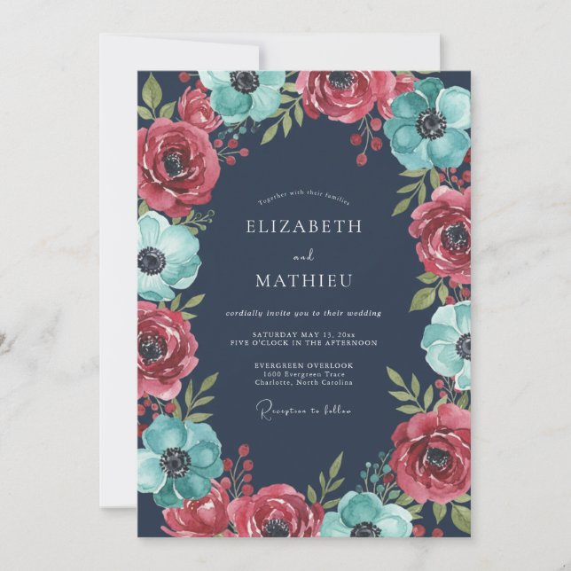 Teal Crimson Anemone Wedding Invitation (Front)