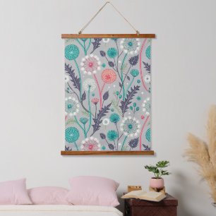 Teal & Crimson Dandelion Dream – Stylised Floral Hanging Tapestry