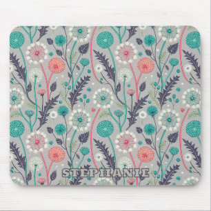 Teal & Crimson Dandelion Dream – Stylised Floral Mouse Mat