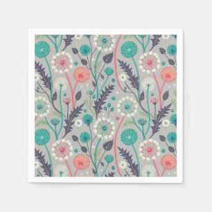 Teal & Crimson Dandelion Dream – Stylised Floral Napkin