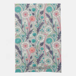 Teal & Crimson Dandelion Dream – Stylised Floral Tea Towel