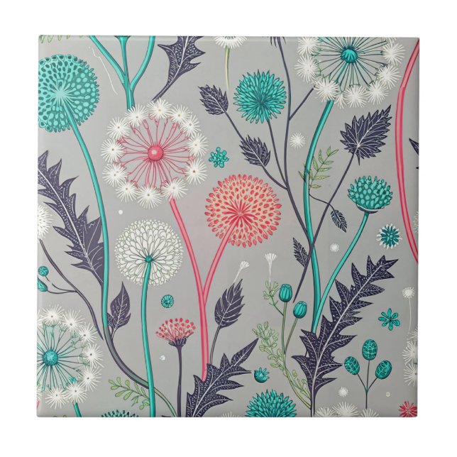 Teal & Crimson Dandelion Dream – Stylised Floral Tile (Front)