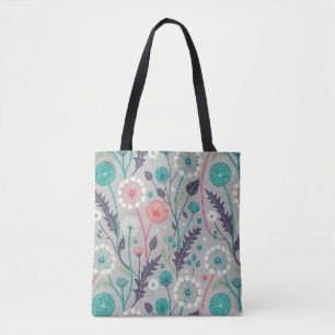 Teal & Crimson Dandelion Dream – Stylised Floral Tote Bag
