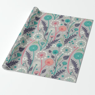 Teal & Crimson Dandelion Dream – Stylised Floral Wrapping Paper