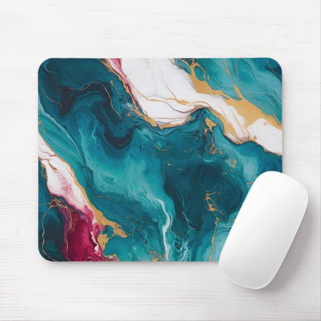 Teal & Crimson Marble Elegance Mouse Mat (With Mouse)