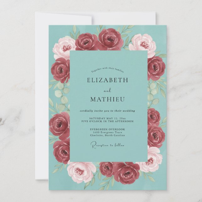 Teal Crimson Ranunculus Eucalyptus Wedding Invitation (Front)