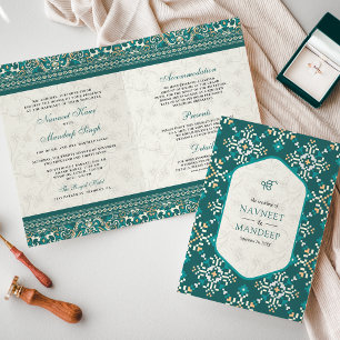 Teal Cross-stitch All in One Sikh Wedding Invitation