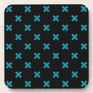Teal cross stitches on black coaster
