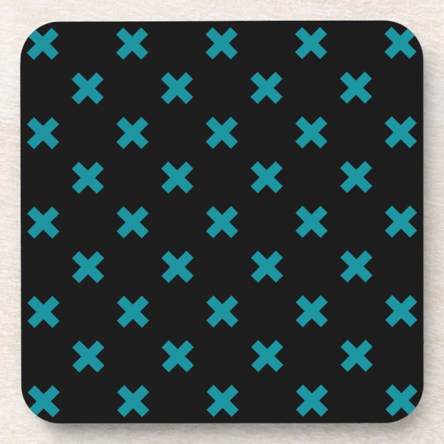 Teal cross stitches on black coaster (Front)