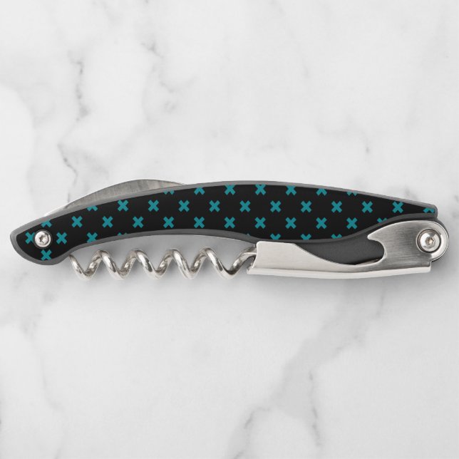 Teal cross stitches on black corkscrew (Back)