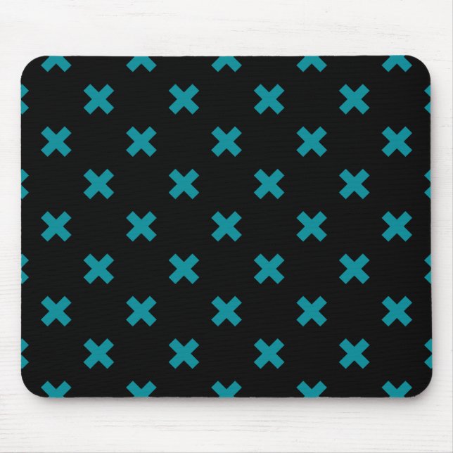 Teal cross stitches on black mouse mat (Front)