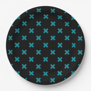 Teal cross stitches on black paper plate
