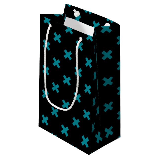 Teal cross stitches on black small gift bag (Front Angled)