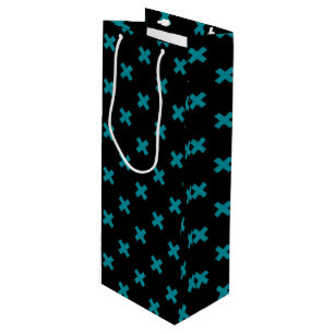 Teal cross stitches on black wine gift bag